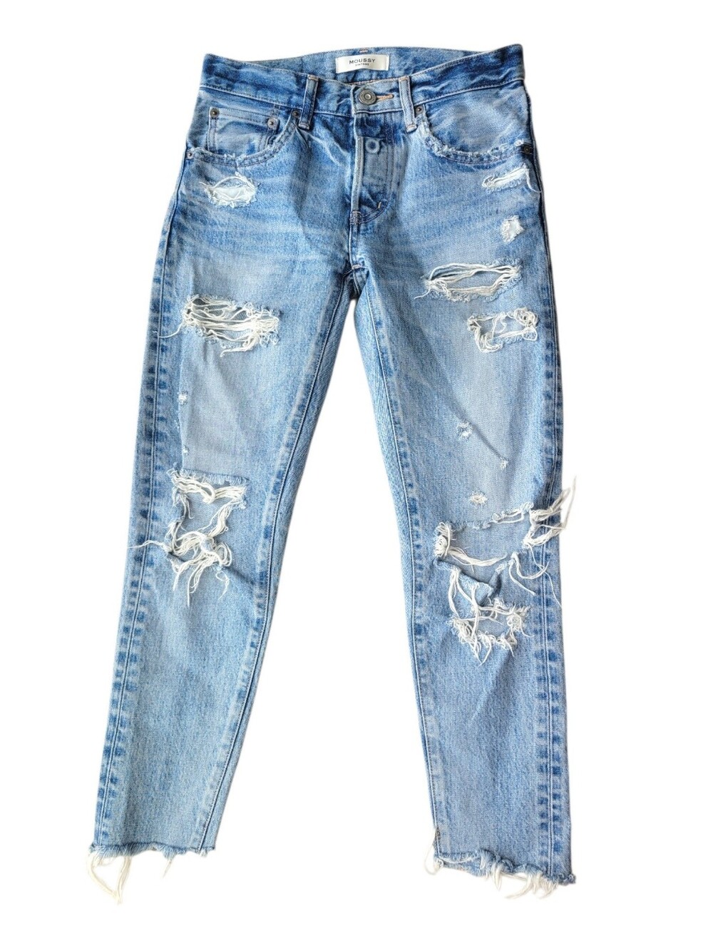 Moussy Vintage Creston Tapered Jean in Light Blue Destroyed Cotton Womens 24